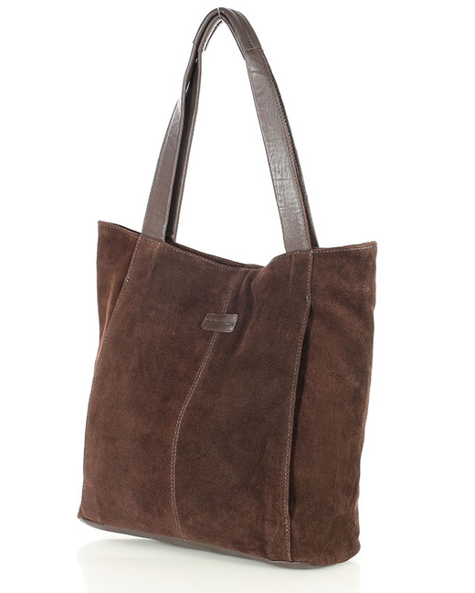 Miękka torba zamszowa skórzana shopper na ramię - MARCO MAZZINI - ciemny brąz