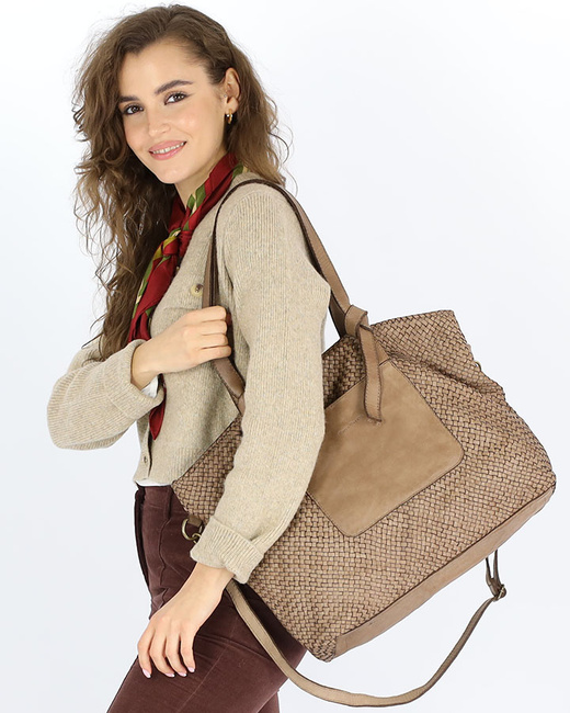 Oryginalna torebka pleciona damska skórzany shopper bag - MARCO MAZZINI beż taupe