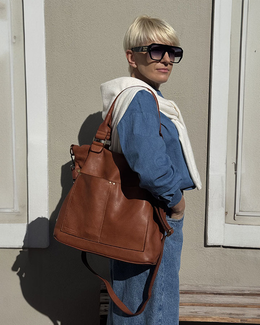 Torebka skórzana XL shopper vintage bag z kieszeniami vera pelle - MARCO MAZZINI brąz migdałowy