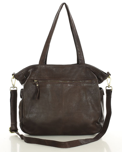 Miękka torebka skórzana shopperka na ramię - MARCO MAZZINI - ciemny brąz