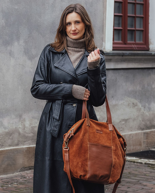 Torba skórzana zamszowa shopper z kieszeniami - It bag MARCO MAZZINI brązowy