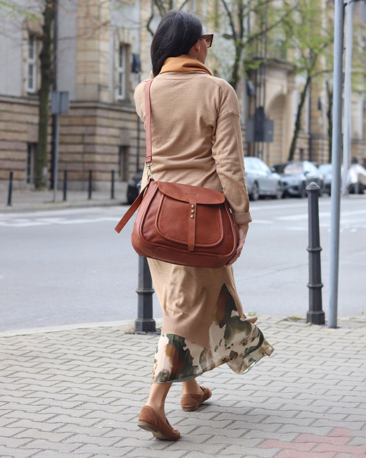 Saddle bag skórzana torebka damska na ramię - MARCO MAZZINI brąz kamelowy