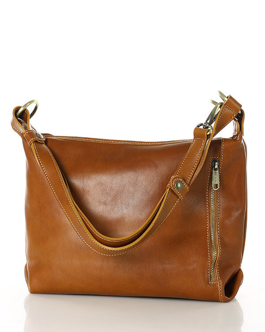 Luksusowa torebka skórzana na długim pasku z regulacją - MARCO MAZZINI camelowa