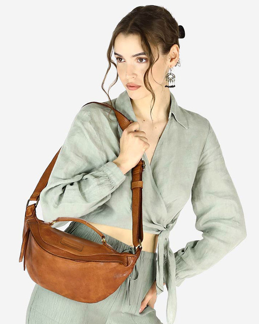 Torebka nerka damska skórzana listonoszka - MARCO MAZZINI brąz koniak