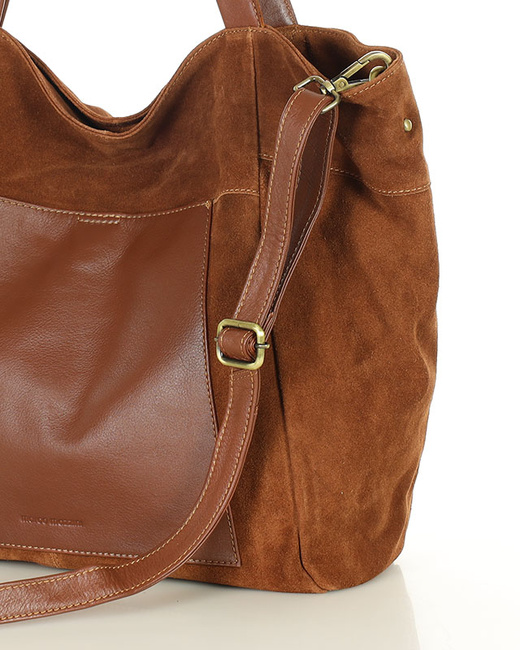 Duża torba zamszowa shopper skórzany z kieszenią - MARCO MAZZINI brązowy