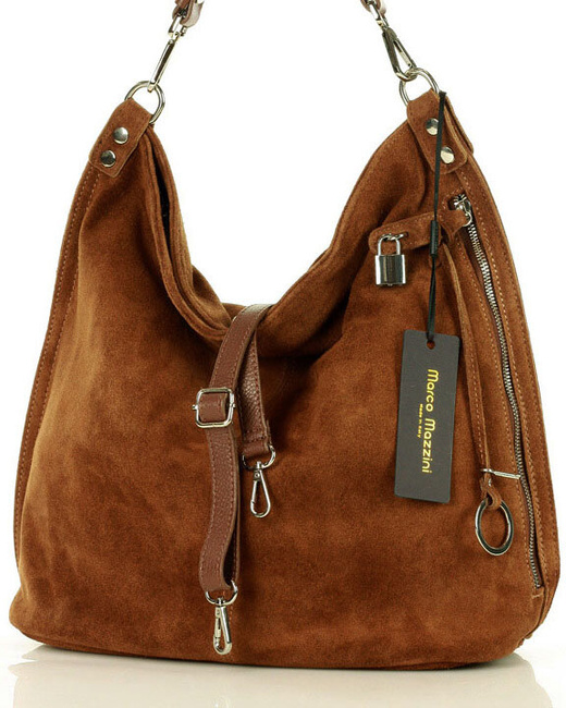 Torebka skórzana ponadczasowy design worek na ramię XL hobo leather bag - MARCO MAZZINI nubuk brąz migdałowy