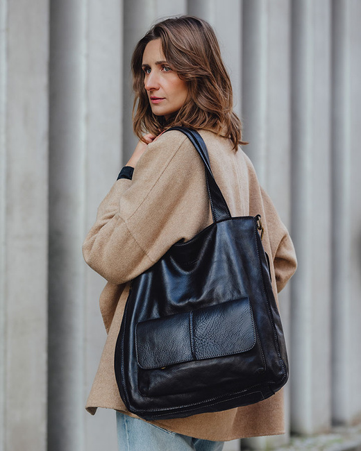 Torebka damska shopper A4 skóra naturalna - MARCO MAZZINI czarna