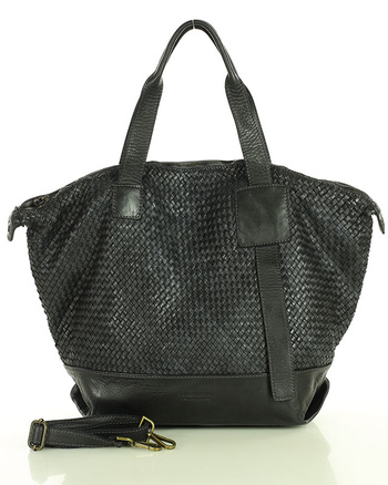 Czarna torebka pleciona shopper A4 z miękkiej włoskiej skóry Marco Mazzini