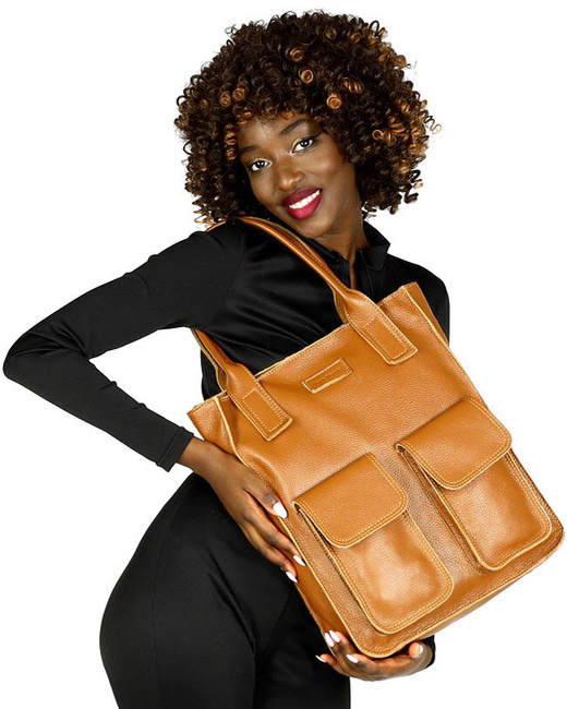 Torebka skórzany shopper bag z kieszeniami - MARCO MAZZINI Ravenna brąz camel