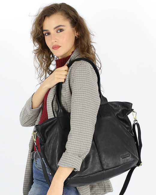 Czarna torebka skórzana na ramię shopper na długich rączkach - MARCO MAZZINI