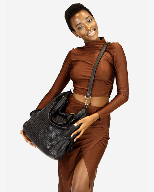 Miejska torebka skórzana z regulowanymi rączkami shopper vintage leather - MARCO MAZZINI czarny