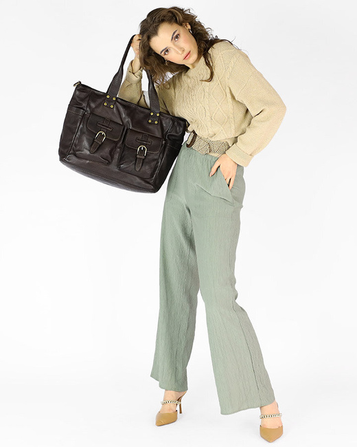 Torba skórzana shopper XL na ramię z dwoma kieszeniami MARCO MAZZINI ciemny brąz