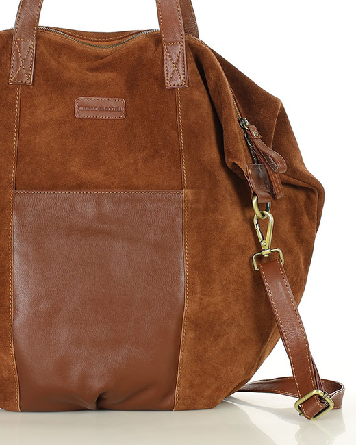 Torba skórzana zamszowa shopper z kieszeniami - It bag MARCO MAZZINI brązowy