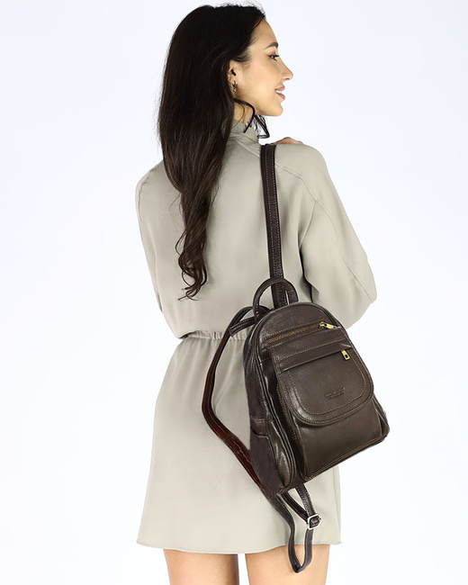 Plecak skórzany damski perfekcyjna organizacja - MARCO MAZZINI brąz