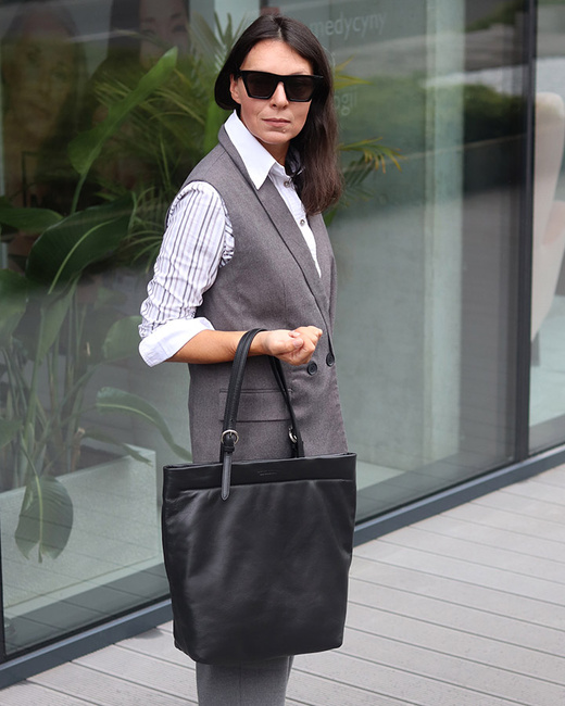 Torebka shopperka premium z miękkiej skóry cielęcej MARCO MAZZINI czarna