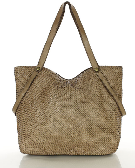 Duża torebka pleciona shopperka ze skóry - MARCO MAZZINI beżowa