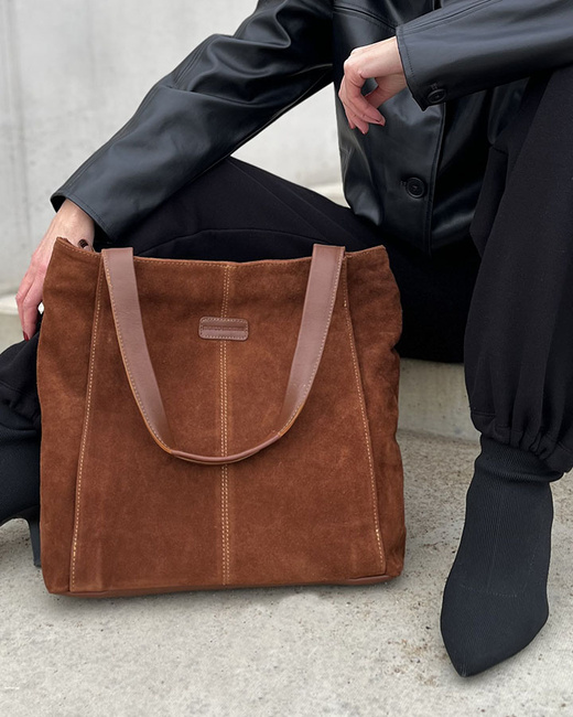 Miękka torba zamszowa skórzana shopper na ramię - MARCO MAZZINI - brązowy