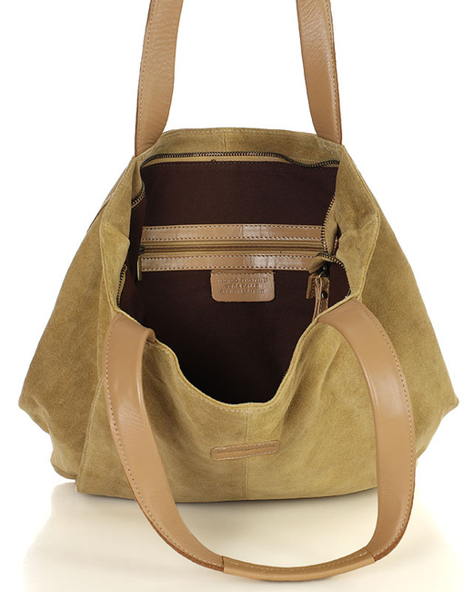 Miękka torba zamszowa skórzana shopper na ramię - MARCO MAZZINI - beżowa