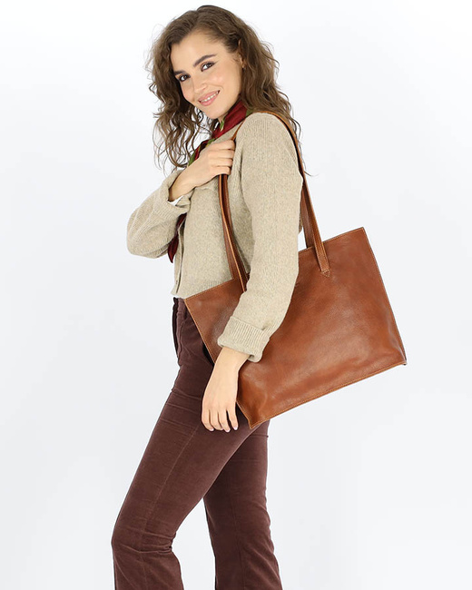 Duża torba shopperka biznesowa damska skórzana - MARCO MAZZINI brązowa