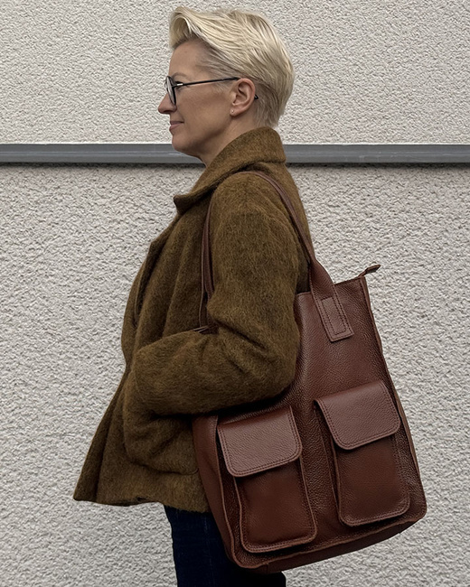 Torebka skórzany shopper bag z kieszeniami - MARCO MAZZINI czekoladowy brąz