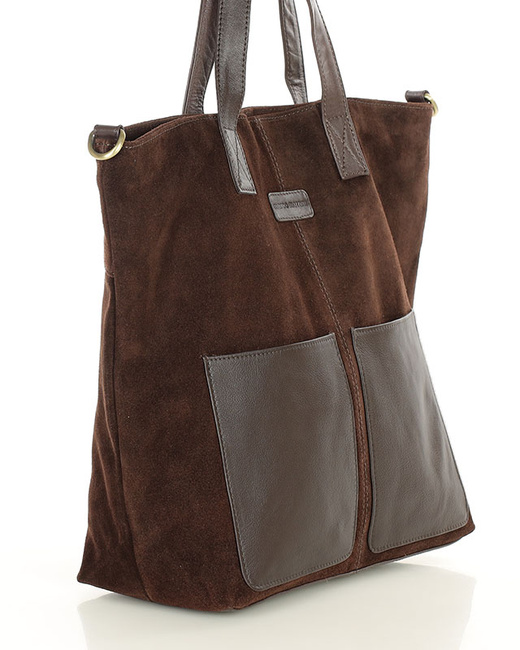 Torebka damska shopper duża zamszowa z kieszonkami – MARCO MAZZINI ciemnobrązowa