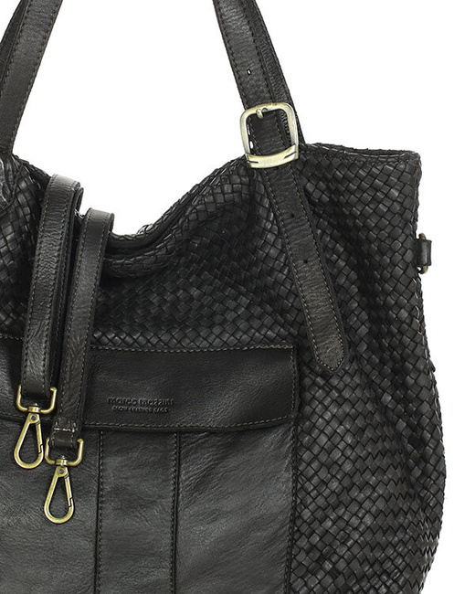 Duża torebka pleciona na ramię shopperka skórzana - MARCO MAZZINI czarna