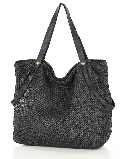 Duża torebka pleciona shopperka ze skóry - MARCO MAZZINI czarna