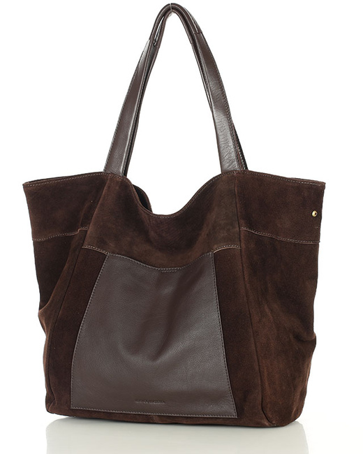 Duża torba zamszowa shopper skórzany z kieszenią - MARCO MAZZINI ciemny brąz