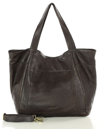 Duża skórzana torebka shopper z kieszenią - MARCO MAZZINI czekoladowy brąz