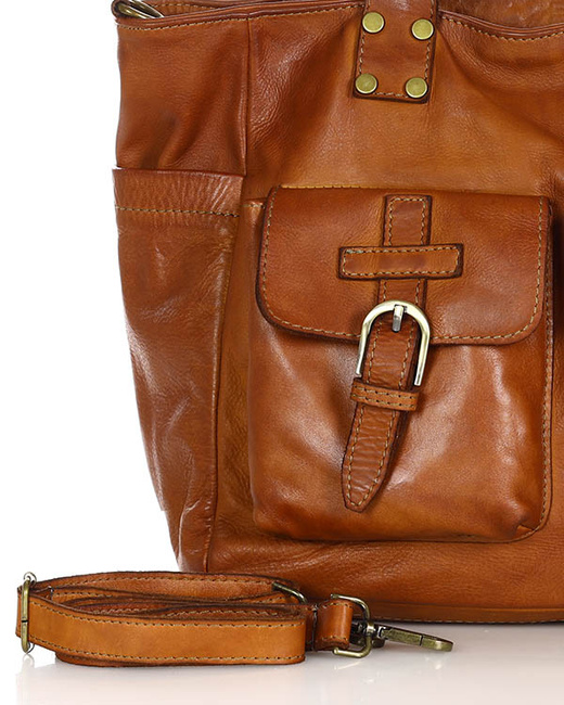 Torba skórzana shopper XL na ramię z dwoma kieszeniami MARCO MAZZINI brąz camel