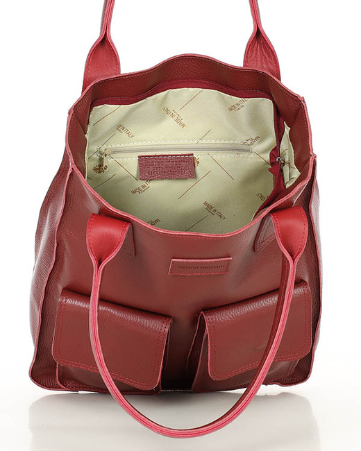 Torebka skórzany shopper bag z kieszeniami - MARCO MAZZINI ciemny czerwony