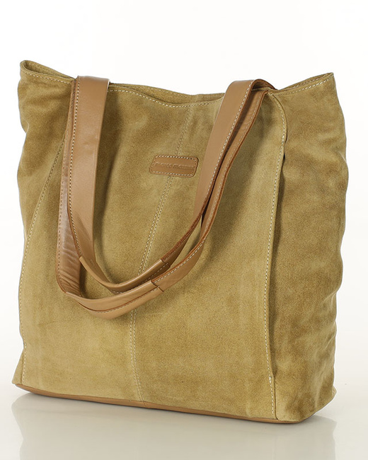 Miękka torba zamszowa skórzana shopper na ramię - MARCO MAZZINI - beżowa