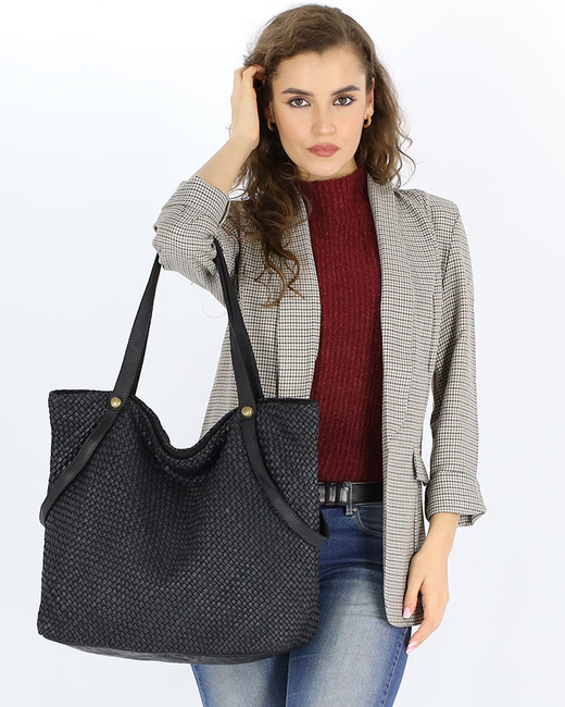 Duża torebka pleciona shopperka ze skóry - MARCO MAZZINI czarna