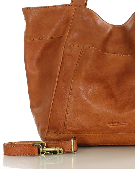 Duża skórzana torebka shopper z kieszenią - MARCO MAZZINI brąz kamelowy