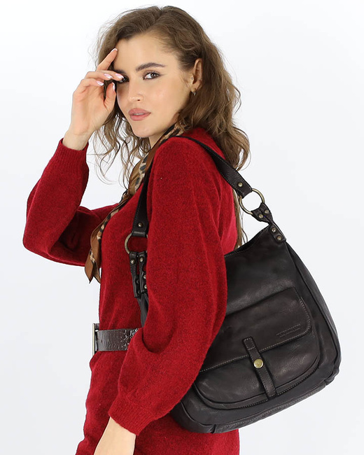 Torebka worek skóra naturalna hobo bag - MARCO MAZZINI czarna