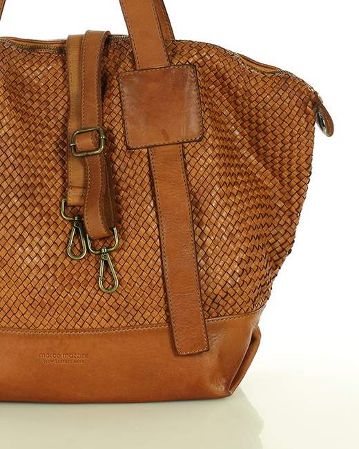 Camelowa torebka pleciona shopper A4 z miękkiej włoskiej skóry Marco Mazzini
