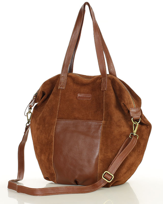 Torba skórzana zamszowa shopper z kieszeniami - It bag MARCO MAZZINI brązowy