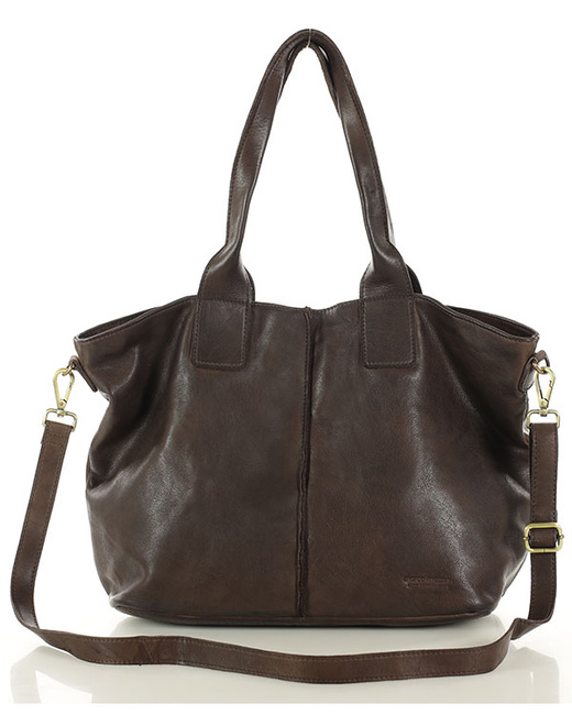 Torebka skórzana na ramię shopper na długich rączkach - MARCO MAZZINI ciemny brąz