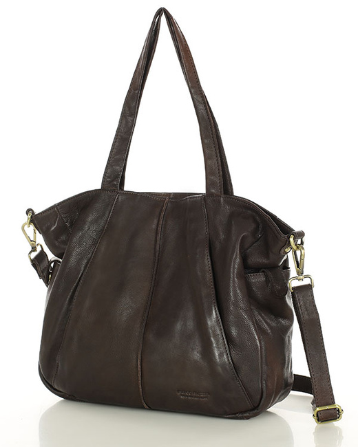 Miękka torebka skórzana shopperka na ramię - MARCO MAZZINI - ciemny brąz