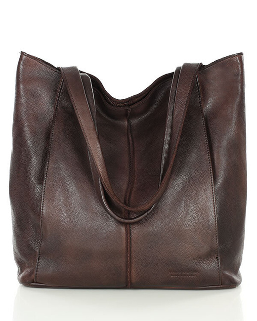Miękka torba typu shopper skórzana na ramię - MARCO MAZZINI - ciemny brąz
