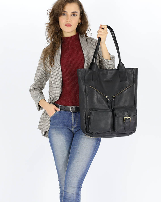 Duża torba shopper z przegródkami skóra naturalna - MARCO MAZZINI czarny