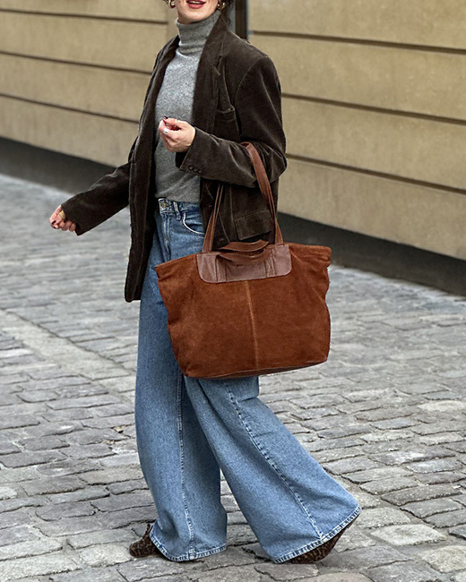 Duża torba zamszowa skórzana podwójne rączki - MARCO MAZZINI brązowa