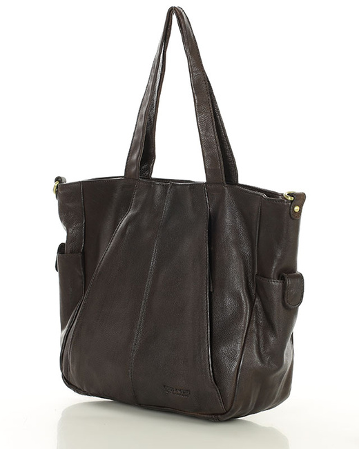 Miękka torebka skórzana shopperka na ramię - MARCO MAZZINI - ciemny brąz