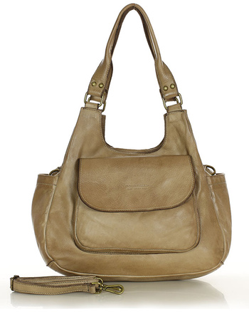 Włoska torebka skórzana z kieszenią z przodu retro bag handmade - MARCO MAZZINI beż cappuccino