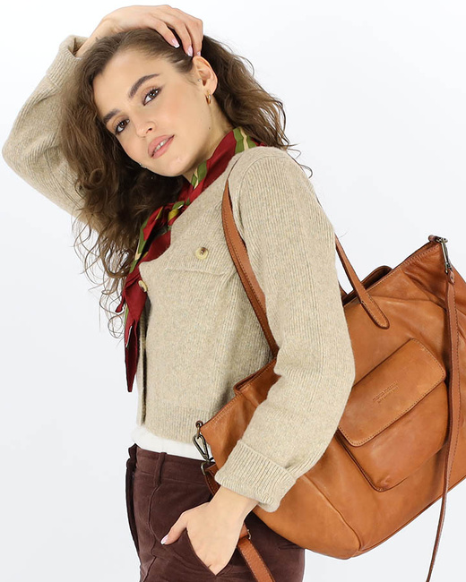 Torebka damska trzykomorowa shopperka skórzana - MARCO MAZZINI brąz camel