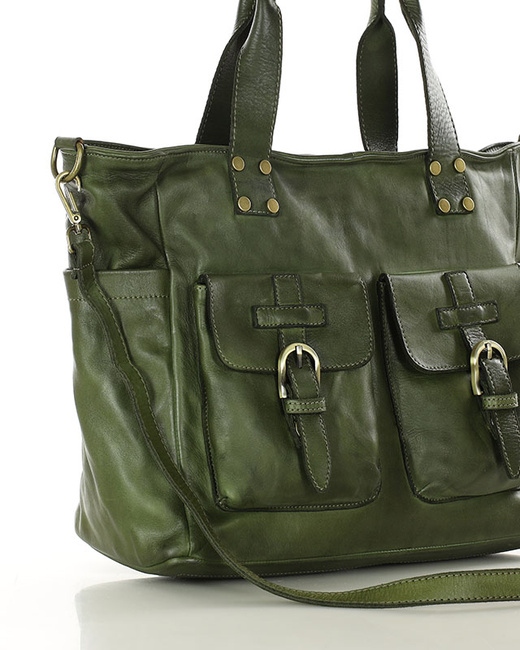 Torba skórzana shopper XL na ramię z dwoma kieszeniami MARCO MAZZINI zielona