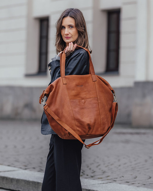 Torba damska skórzana shopper z kieszeniami - It bag MARCO MAZZINI brąz camel