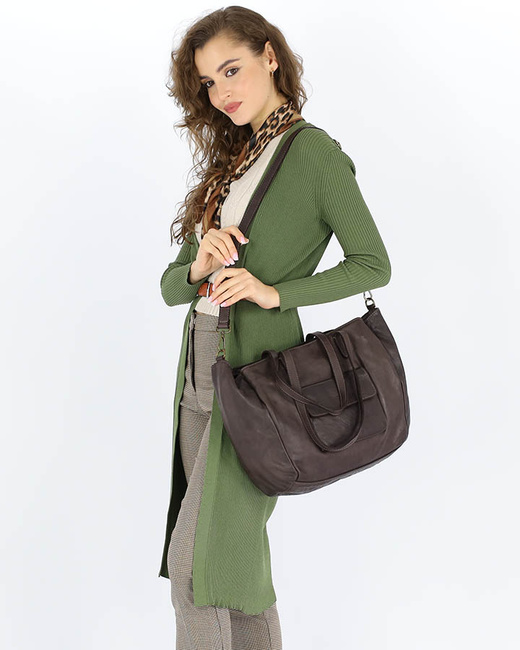 Torebka damska trzykomorowa shopperka skórzana - MARCO MAZZINI ciemny brąz