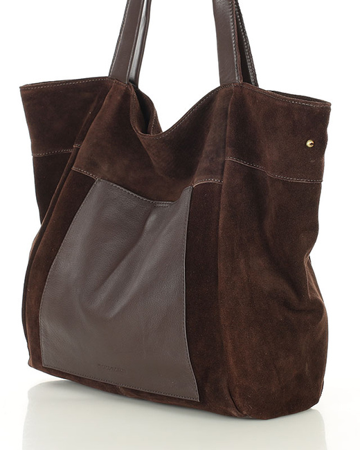 Duża torba zamszowa shopper skórzany z kieszenią - MARCO MAZZINI ciemny brąz