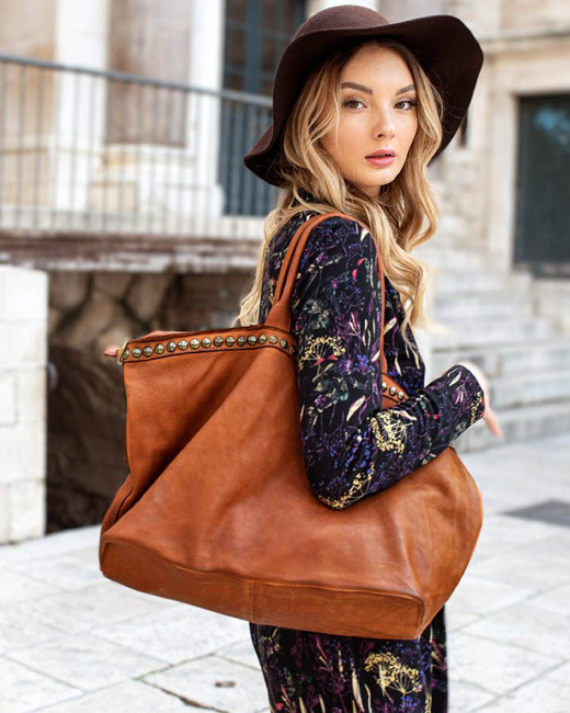 Duża torebka skórzana oversize style shopper bag - MARCO MAZZINI brąz camel